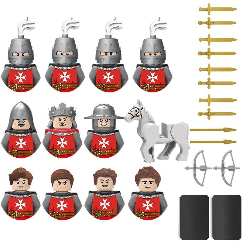 Детские игрушки, средневековый военный солдат, строительный блок, замок, рыцарский корпус, оружие на поле боя, боевой конь, мультяшные фигурки, кирпичи