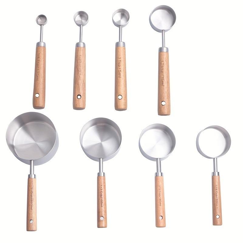 8-Piece Measuring Cup and Spoon Set with Wooden Handles Stainless Steel Measuring Cup Baking Tools Coffee Measuring Spoon Set