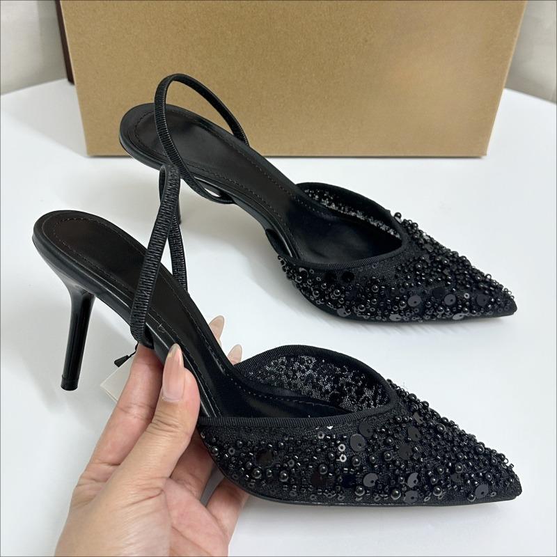 Мода Элегантная Вечеринка Туфли на Высоком Каблуке Женская Обувь Блестящие Пайетки Бисер Сетка Дизайн Бренда 2025 Лето Шпилька Офисная Леди Роскошные Сандалии
