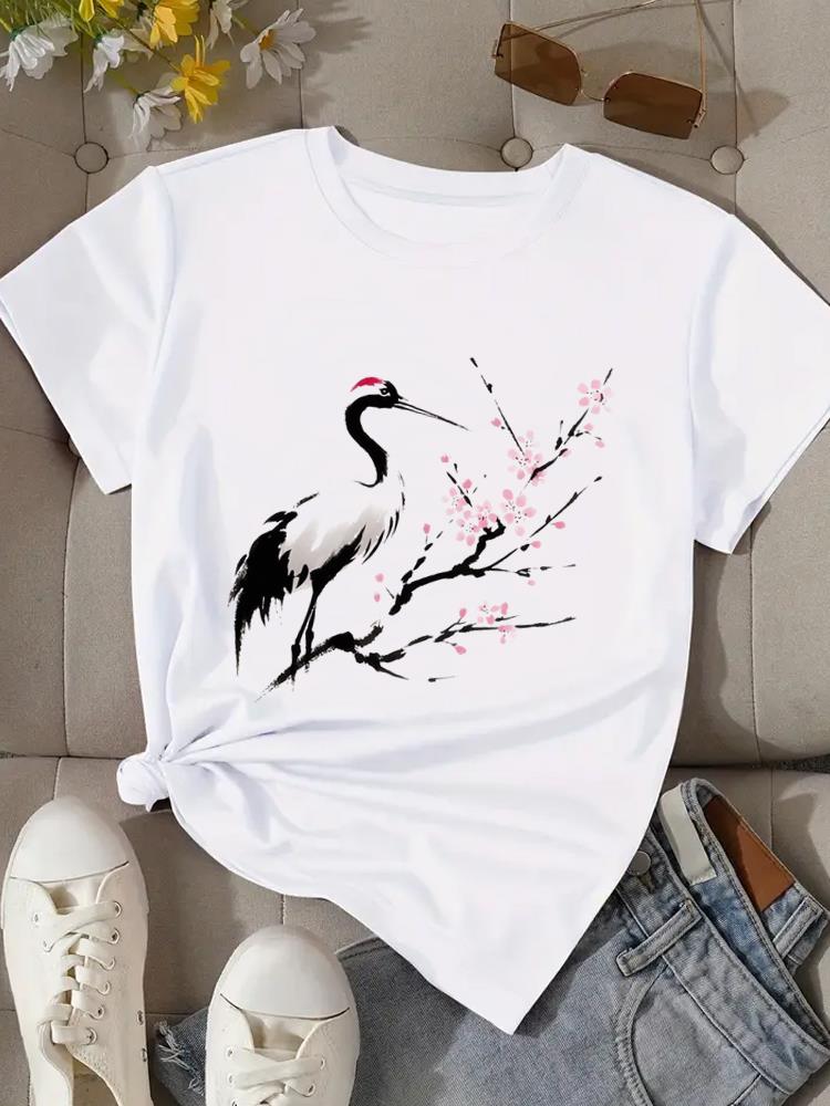 (Asian Size) Print Lovely Feather Style Cute Fashion Female Tee Top Women Clothing T Shirt Woman Short Sleeve Graphic T-shirts