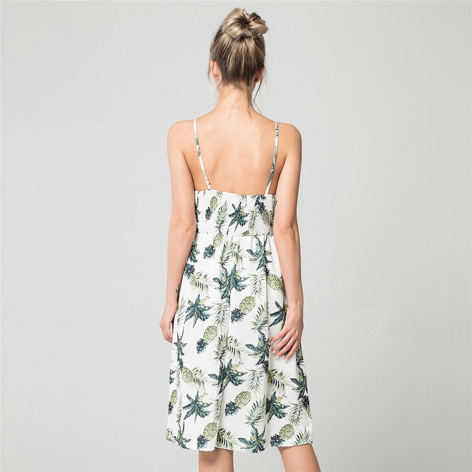 Sexy V Neck Backless Floral Summer Beach Dress Women Striped Button Pineapple Party Midi Dresses