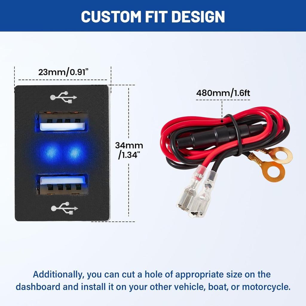 Автомобильное зарядное устройство с двойным USB-портом подходит для Toyota, квадратная розетка с синим светом, автомобильная USB-вилка подходит для Corolla RAV4 Camry