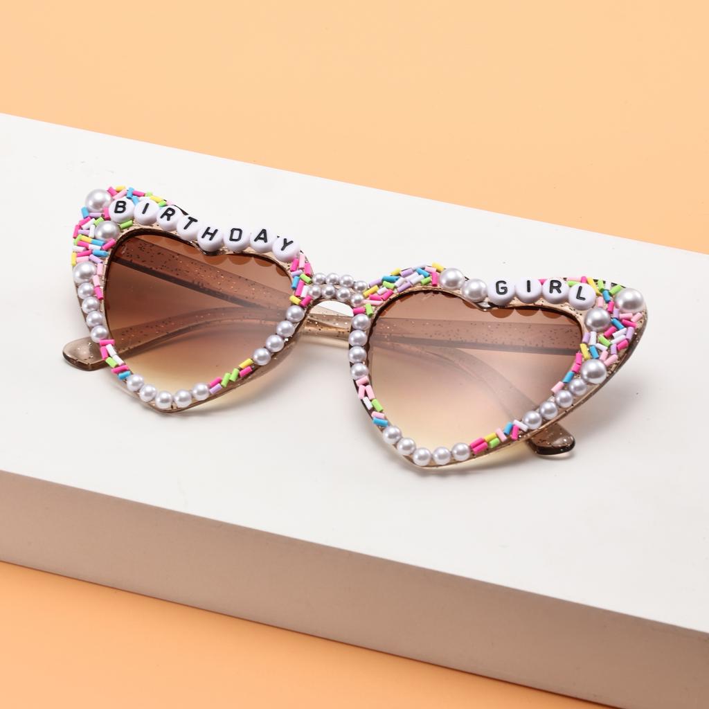 Cute Heart Sunglasses "BIRTHDAY GIRL" Bead Decor Colorful Sprinkle Frame Stylish Shades for Women & Party Photos KJ086