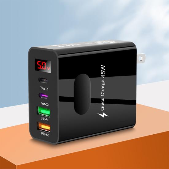 Зарядный адаптер для телефона Type-C USB 4 порта Быстрая зарядка 45 Вт Высокая мощность с цифровым дисплеем Зарядная головка с вилкой US для iPhone для Huawei