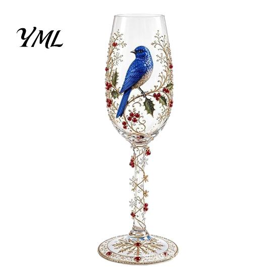 Decorative Desktop Ornaments Hand-painted Wine Glass, Bird And Floral Pattern Design Stem Goblet, Drinking Cups Artistic Crystal Borosilicate