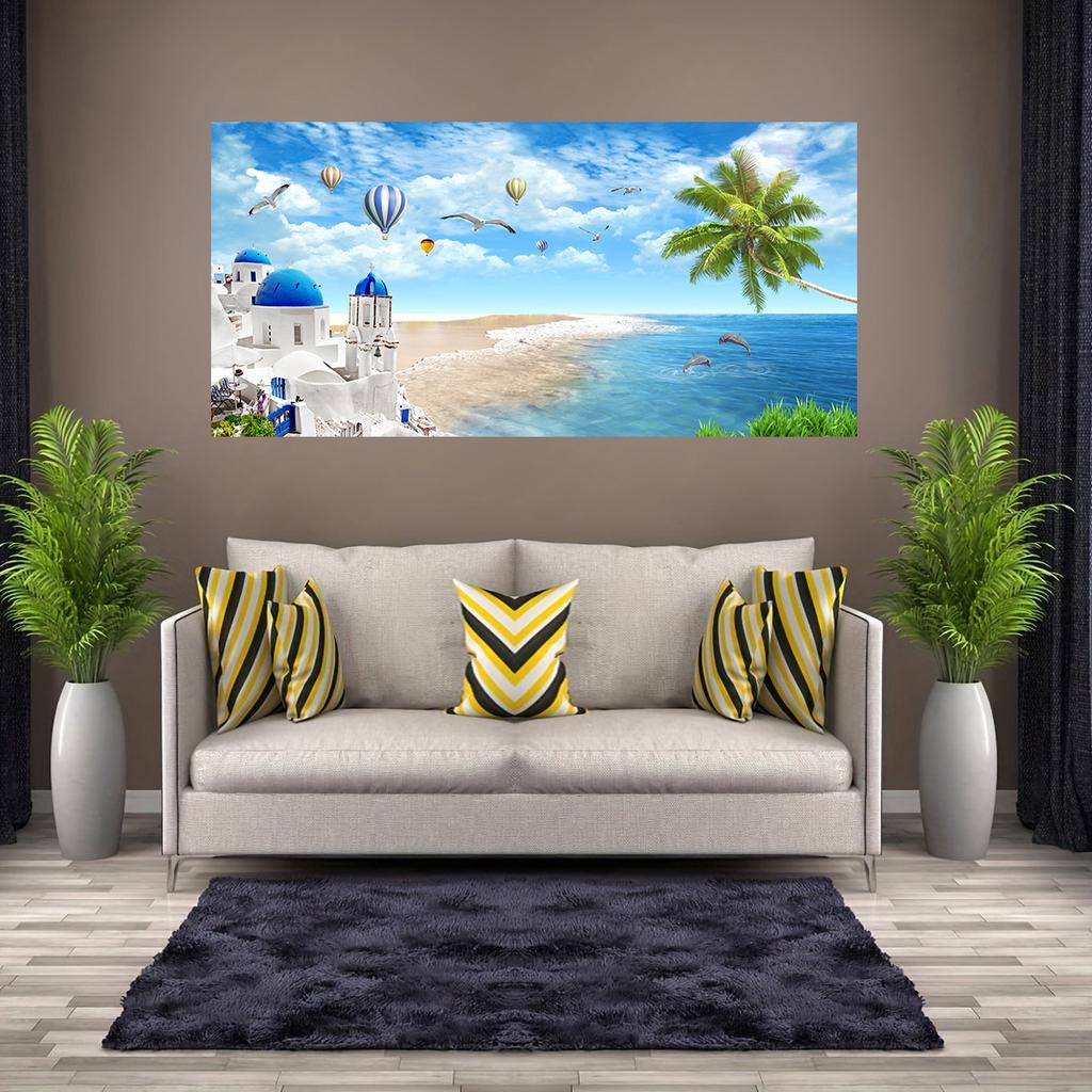 Nordic Blue Seascape Santorini Canvas Painting Wall Art Landscape of Blue Sea and Sky Posters and Prints for Living Room Home