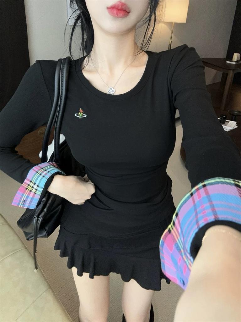 Осенняя женская корейская мода вышитая клетчатая лоскутная футболка с длинным рукавом топы с круглым вырезом винтажные 2000-е эстетика прилив простые