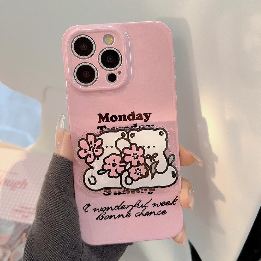 Подставка для медведя с цветком Подходит для мобильного чехла iPhone15promax Apple 14 Пленка 16 Мягкий 12