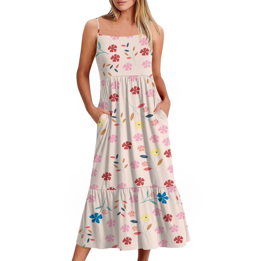 Women's Long Beach Casual Elegant Spaghetti Strap Maxi Dress Floral Low-key Flowing Bohemian Dress