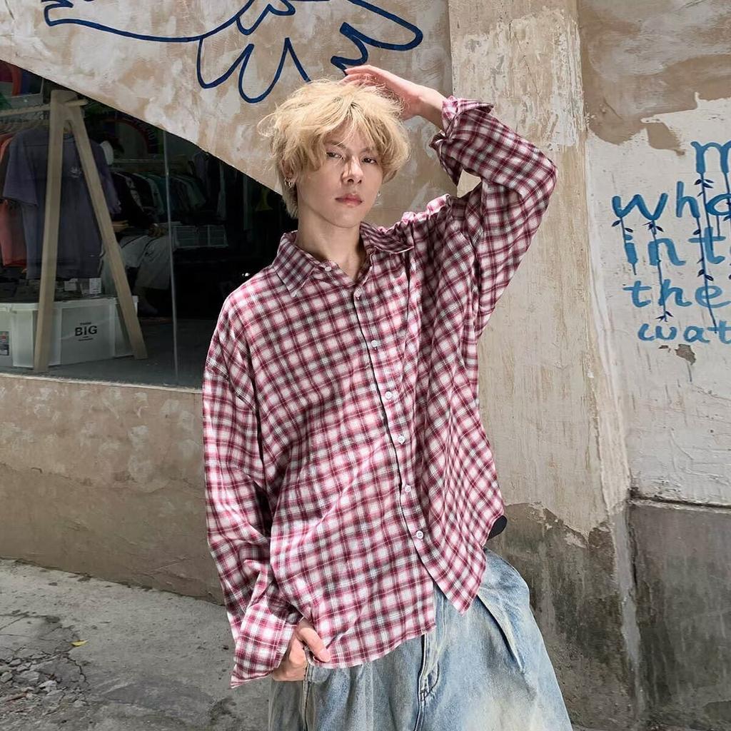 2024 Plaid Long Sleeve Shirt Japanese Hong Kong Style Ins Loose Shirt Boys Summer Trendy Versatile Casual Coat