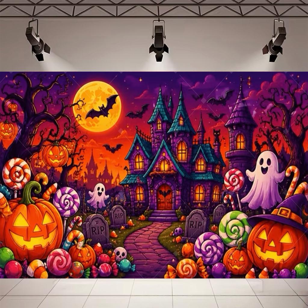 Cute Halloween Backdrop Witch Ghost Pumpkin Haunted House Moon Bat Photography Background Kids Halloween Party Wall Decor Banner24