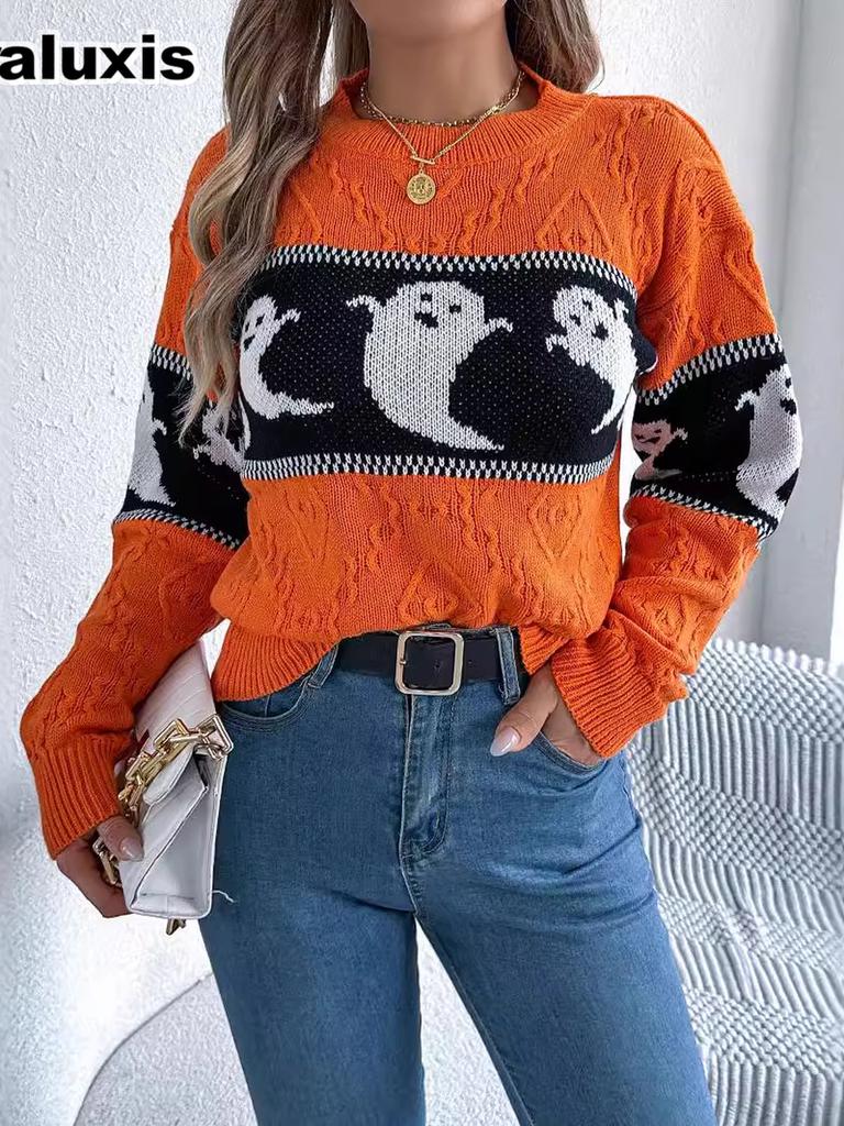 Autumn Halloween Theme Ghost Color Block Long Sleeve Crewneck Sweater Women's Clothing