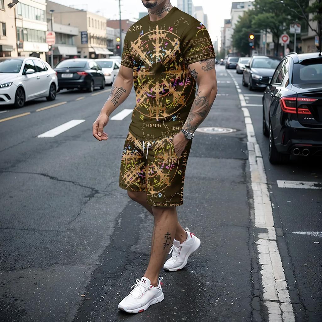 Летний мужской спортивный комплект для отдыха с 3D свободной уличной футболкой с короткими рукавами в стиле ретро + шорты, комплект из 2 предметов для мужчин