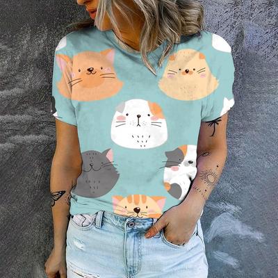 Повседневная спортивная женская футболка, летняя свободная дышащая футболка с круглым вырезом и коротким рукавом, высококачественная модная футболка с принтом кота