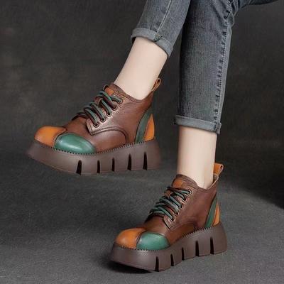 Модные туфли на платформе ручной работы в стиле ретро разных цветов для женщин, обувь в британском стиле с круглым носком, на шнуровке, на губчатой подошве, нескользящая спортивная обувь