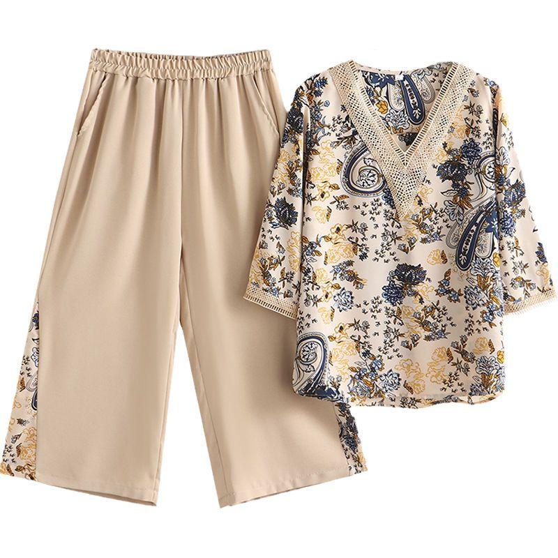 Женские костюмы из 2 предметов, женские рубашки и топы среднего возраста, летние комплекты для мам, футболка с короткими рукавами + брюки