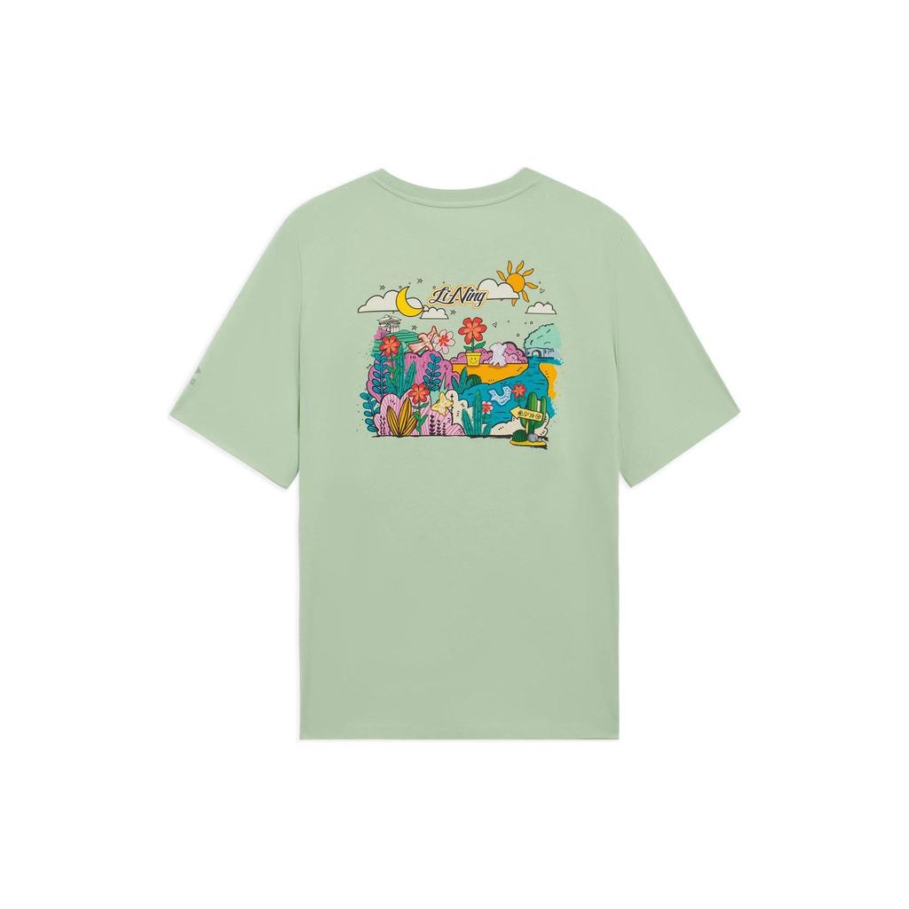 Li-Ning Sports Lifestyle Series Plant Floral Cartoon Print Round Neck Pullover T-Shirt Women Tops Green AHSS316-5