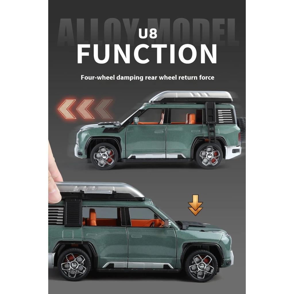 Масштаб 1/24 BYD LOOK UPAT U8 Внедорожная версия Сплавной внедорожник Литая модель Звук и свет Игрушка с инерционным механизмом Модный выставочный экспонат Подарок для детей