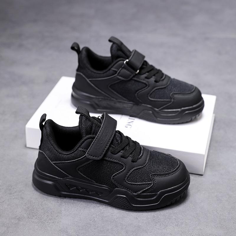 Children's Little White Shoes Board Shoes 2025 New Mesh Breathable Leather Waterproof Boys and Girls Black Sports Shoes