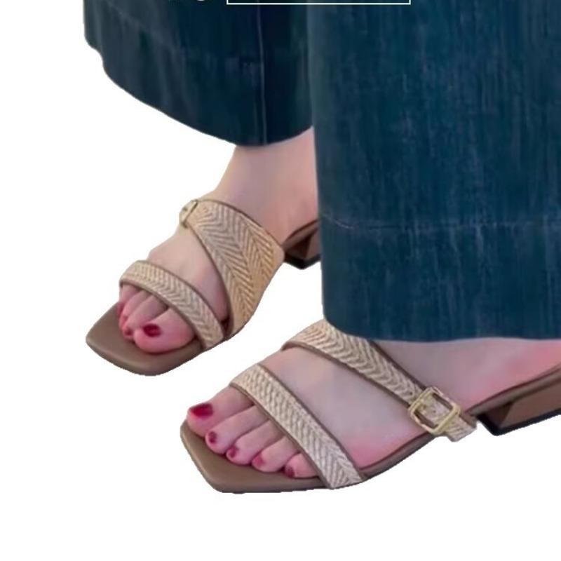 Irregular Design Straw-woven Cool Slippers Women's New Holiday Style Square Head Cm Middle Heel Outer Wear One-word Drag