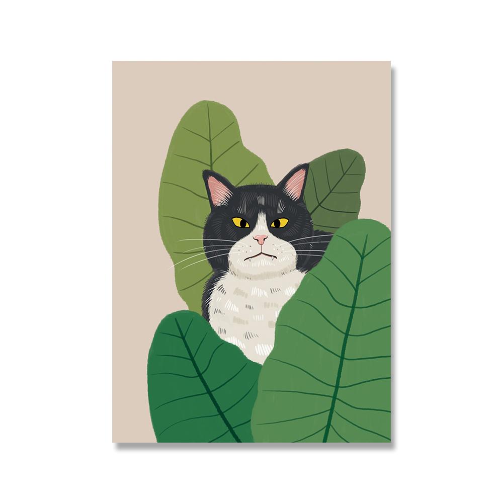 Ботанический черный кот, настенная живопись на холсте, стиль бохо, постер с животными, принты с тропическими растениями, забавные кухонные картины для домашнего декора