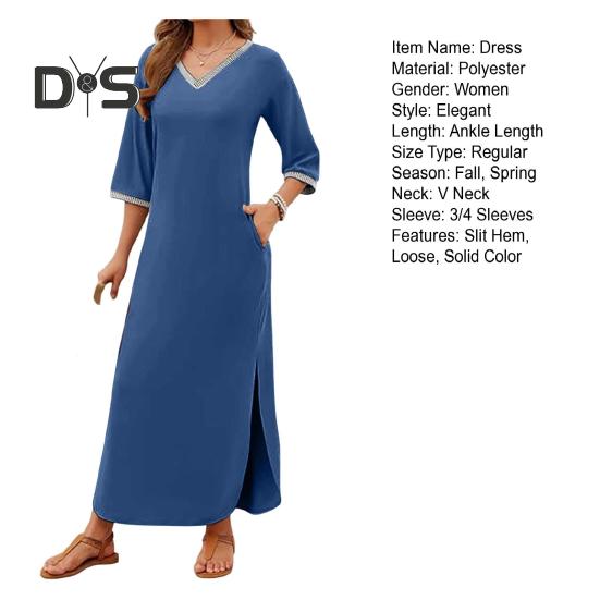 Women Maxi Dress with Side Pockets V Neck 3/4 Sleeves Loose Slit Hem Solid Color Patchwork Solid Color Loose Pullover Beach Dress