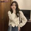 French Lace Drawstring Shirts Spring Autumn New Niche Designs V-Neck Cropped Chic Tops Elegant Sweet Streetwear Dating Shirts