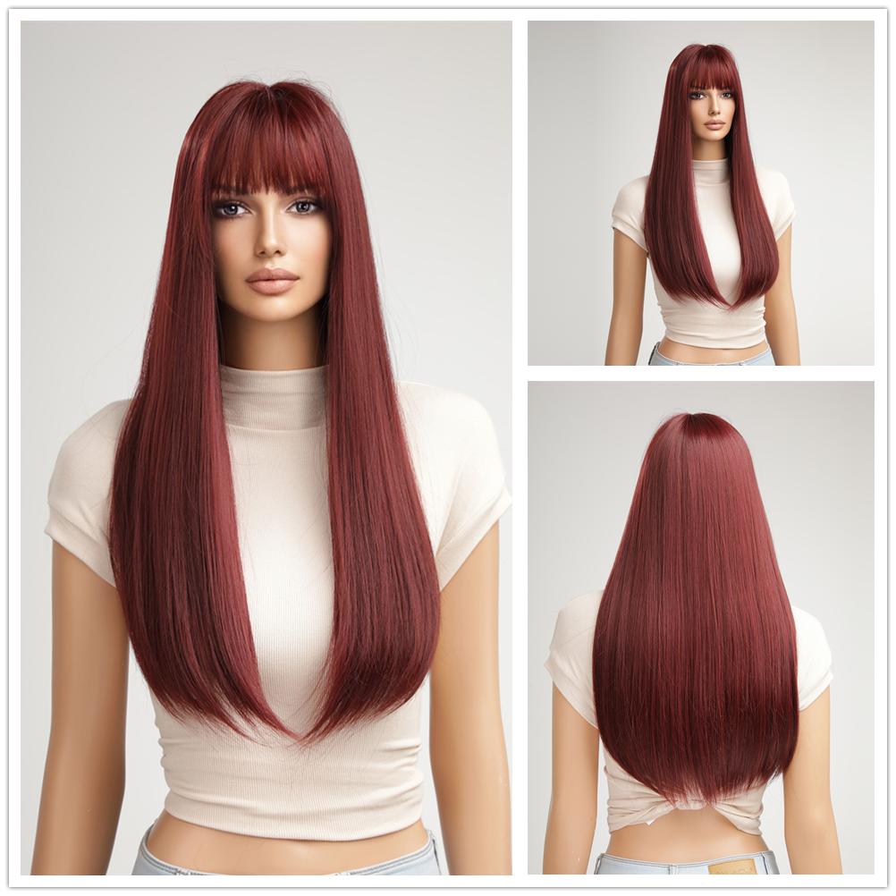 BLONDE UNICORN Длинные прямые парики бордового цвета с челкой, термостойкие парики для женщин, повседневные косплей-вечеринки