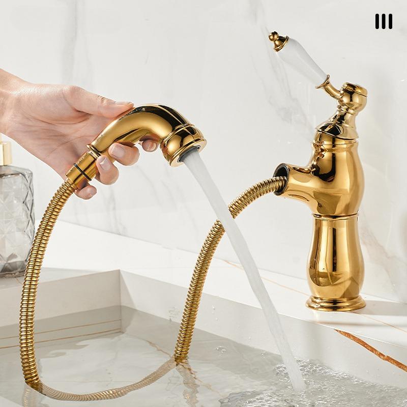 Retro brass pull-out faucet with single-hole cold and hot water spout
