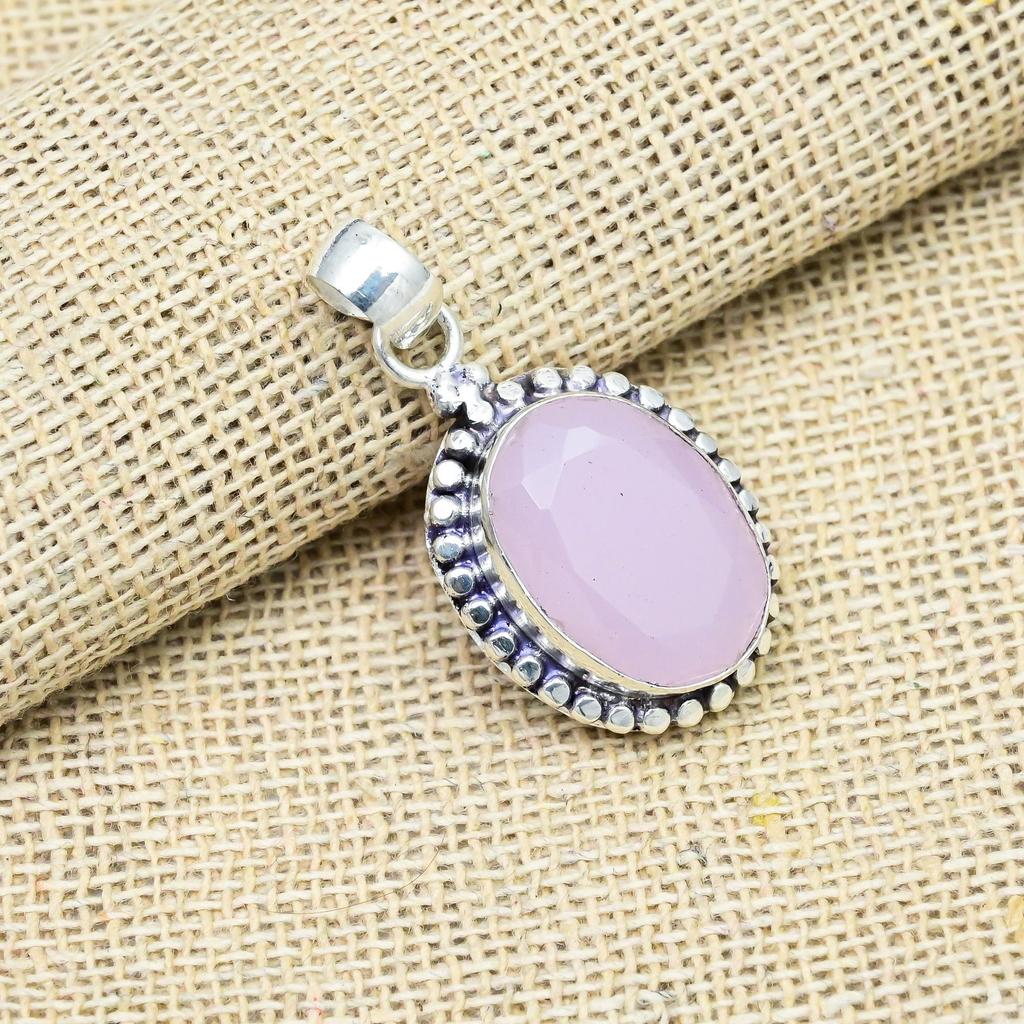 Pink Chalcedony Gemstone Handmade 925 Sterling Silver Jewelry Charming Pendant Gift For Her