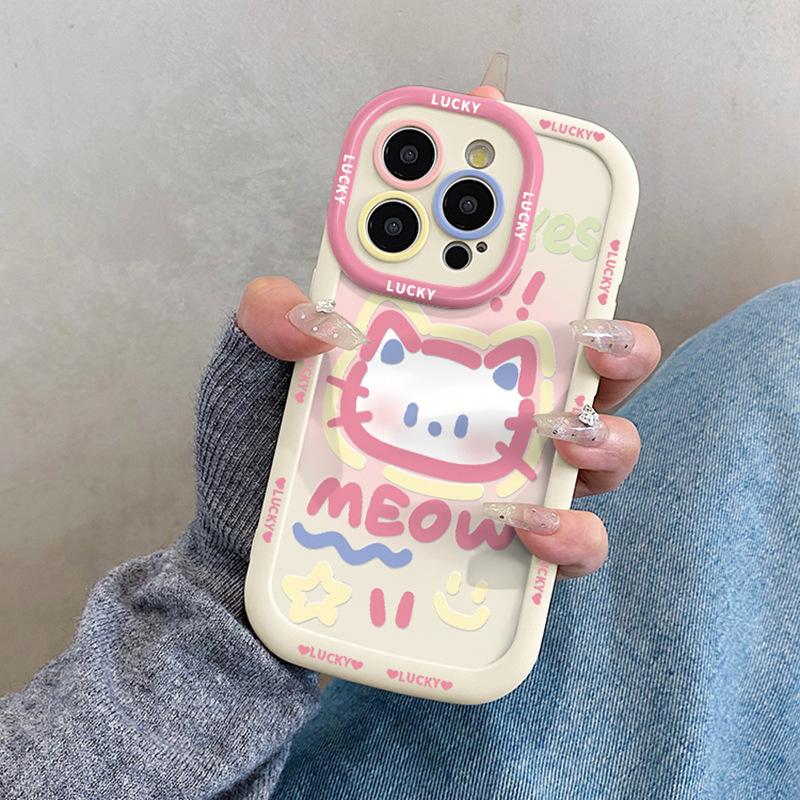 Cute Meow Cat Print Phone Case with Lanyard, Soft TPU Shockproof Cover for iPhone