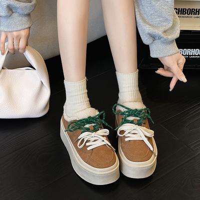 Женские туфли из кожи и бархата, новые двухцветные кроссовки на шнуровке, универсальные кеды на толстой подошве в стиле ретро