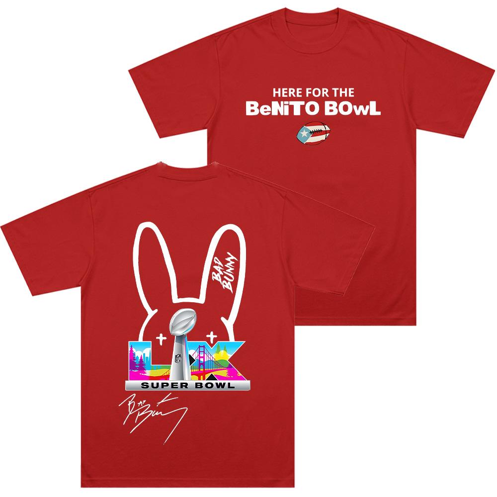 Bad Bunny Супербоул LX Здесь для Benito Bowl Фирменные футболки Унисекс Графические Хлопок Круглый вырез Короткий рукав Топы