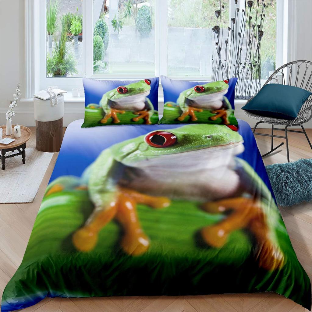 3D Frog Family King Queen Пододеяльник Маленький древесный лягушонок Комплект постельного белья Тропическая природа Животное Пододеяльник Полиэстеровый чехол