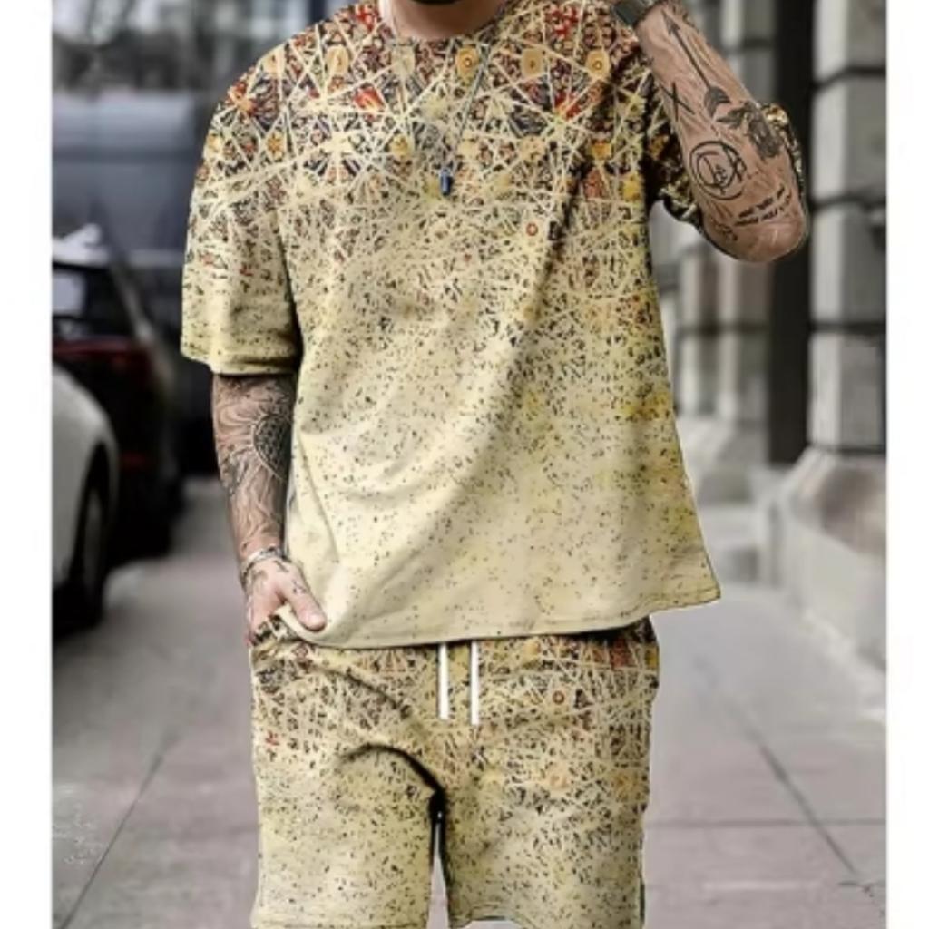 Летний ретро этнический стиль мужские шорты комплекты повседневные футболки + шорты 2 шт наряды 3D принт мужская одежда свободный O-образный вырез спортивная одежда