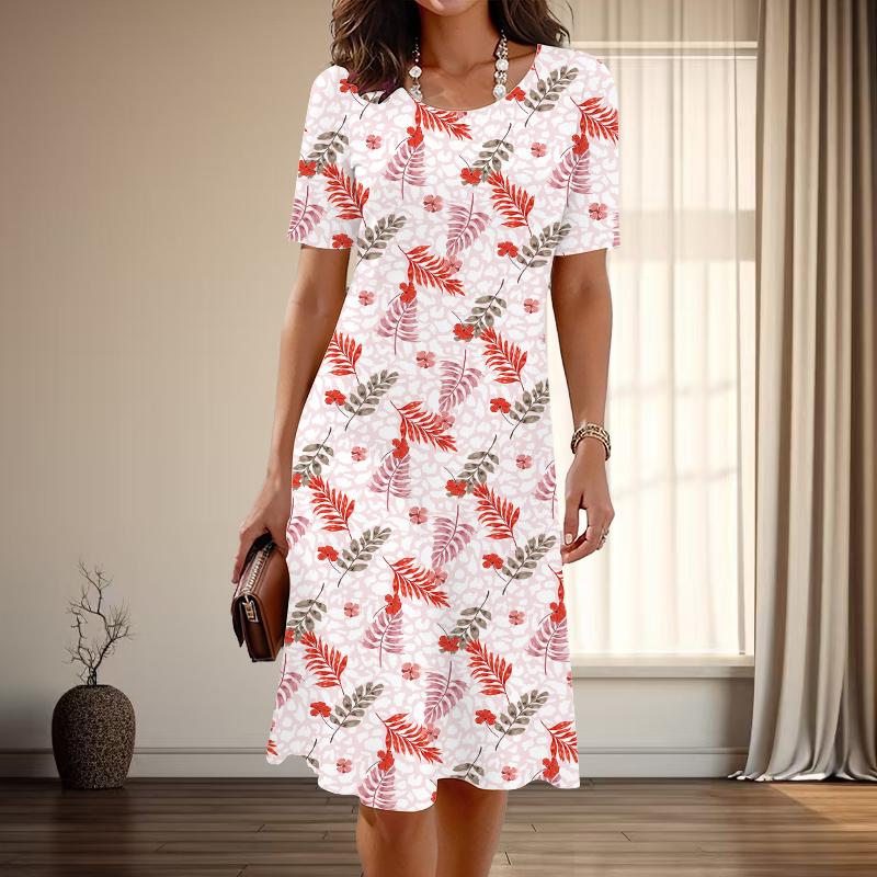 Women's Fashion Graceful Flower Print Summer Spring Short Sleeve O-Neck Casual Dresses