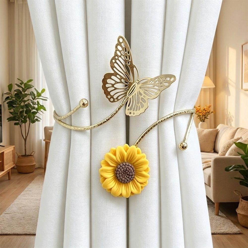 Metal Butterfly Sunflower Curtain Straps Hollow Butterfly Fabric Sunflower Curtain Tiebacks Adjustable Knitted Flower