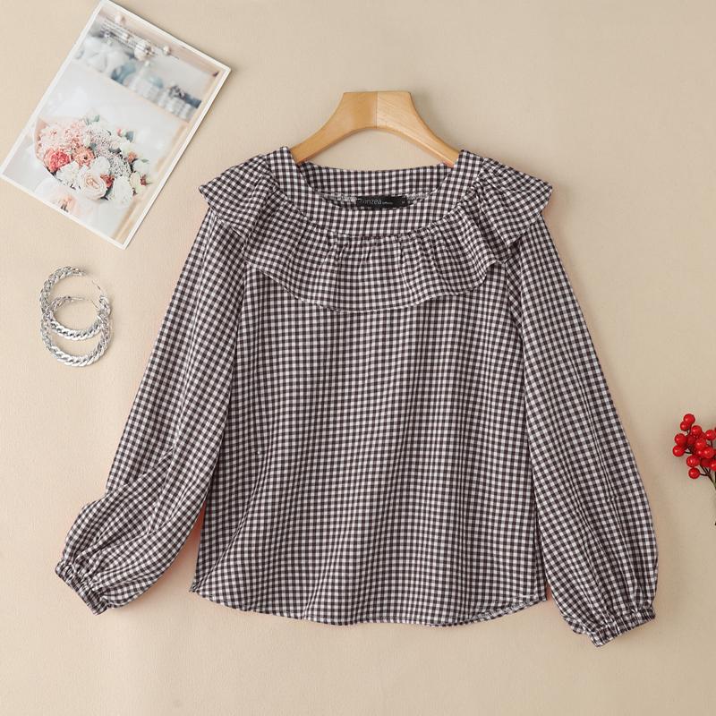 ZANZEA Женская повседневная блузка в клетку с оборками, круглым вырезом и длинным рукавом свободного кроя