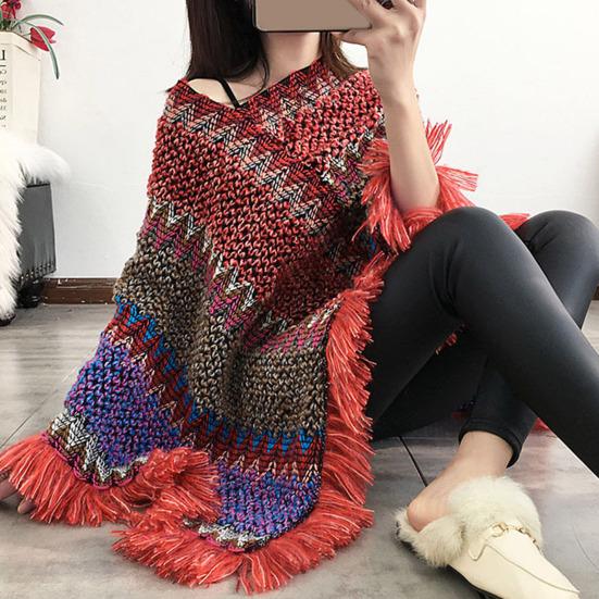 Bohemian Autumn Knitted Coat Knitted Comfy Autumn Winter V Neck Colorful Irregular Hem Cloak Coat Sweater