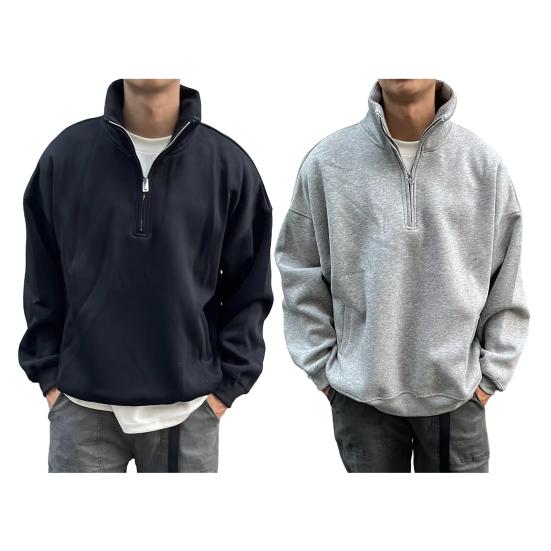 Men Fall Winter Sweatshirt Half-zipper Stand Collar Pure Color Loose Pullover Long Sleeves Casual Daily Streetwear Top