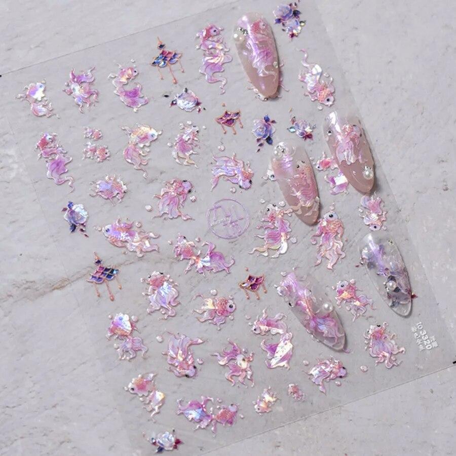 1Pcs Embossed Glitter Fish Nail Art Stickers Pink Yellow Red Self-adhesive Transfer Nail Decorations Slider Decals DIY