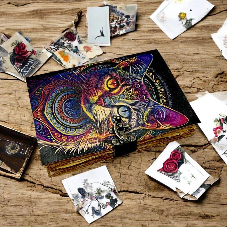 Красочный кожаный блокнот с кошкой – Ручной работы винтажный кожаный дневник