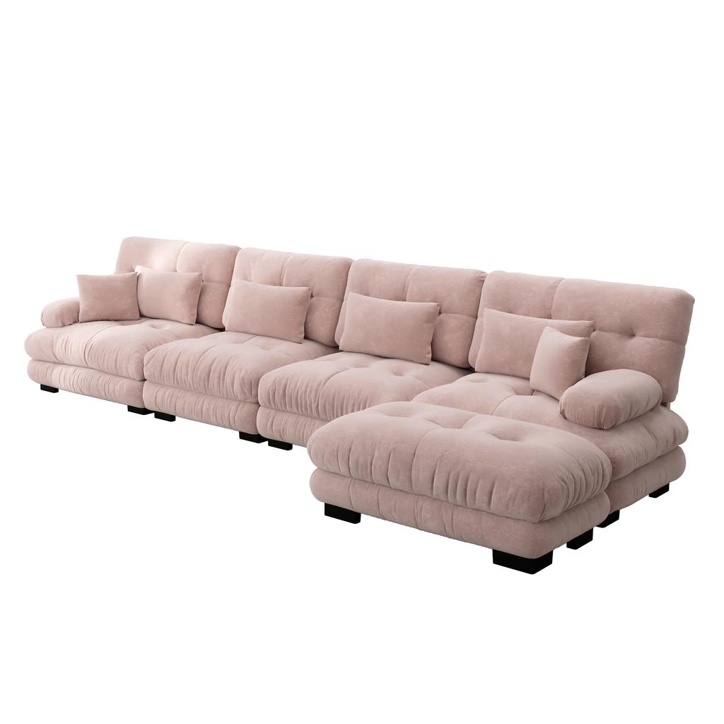 Modular Corner Sofa, L-Shaped Couch Set for Living Room, 4-Seater Comfortable Cloud Couches with Movable Ottoman, DIY Combination, Chenille, Pink