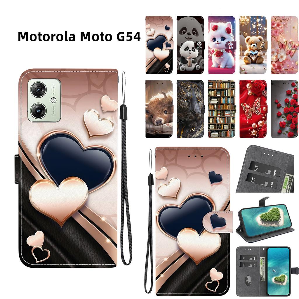 Чехол-книжка из искусственной кожи ручной работы для Motorola Moto G54, противоскользящая противоударная крышка с ремешком на запястье и дизайном в виде сердечка/розы/кошки