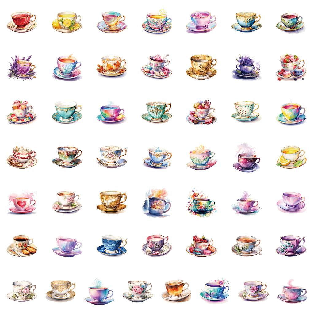 50pcs Cute Watercolor Teacup Graffiti Stickers for Decorative Scrapbooking Stationery Handbook Skateboard Suitcase Sticker