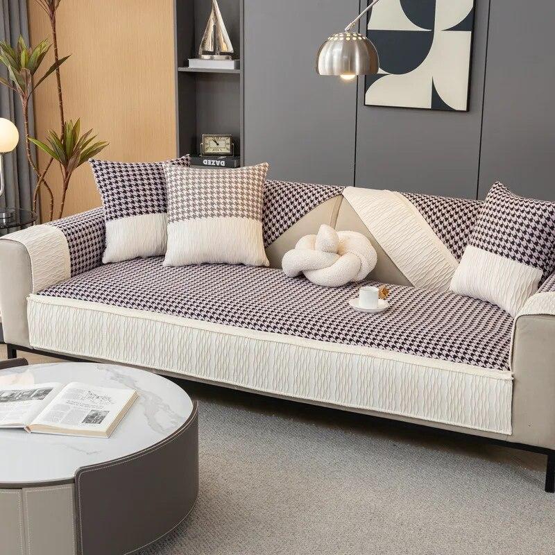 Thousand Bird Grid Splicing Sofa Cover Chenille Non-slip Sofa Cover All-season Universal Sofa Cushion for Living Room Home Decor