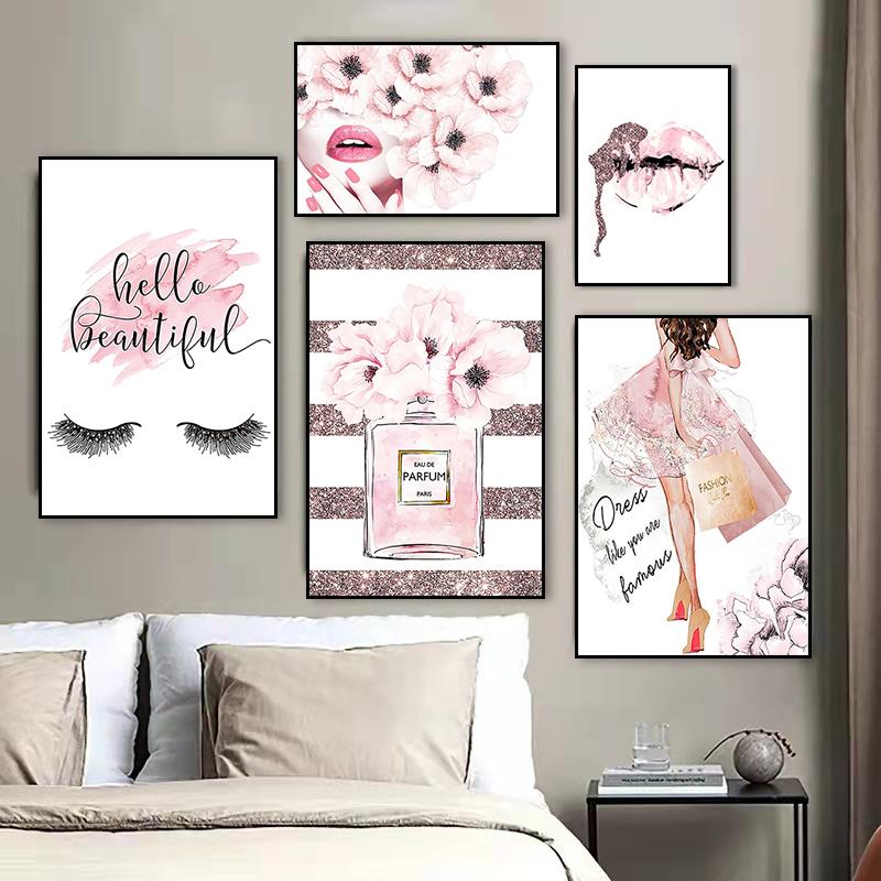 Модные розовые цветочные духи для ресниц, губ, макияжа, постера, печати, холста, картины для комнаты девушки, настенного искусства, декора салона красоты