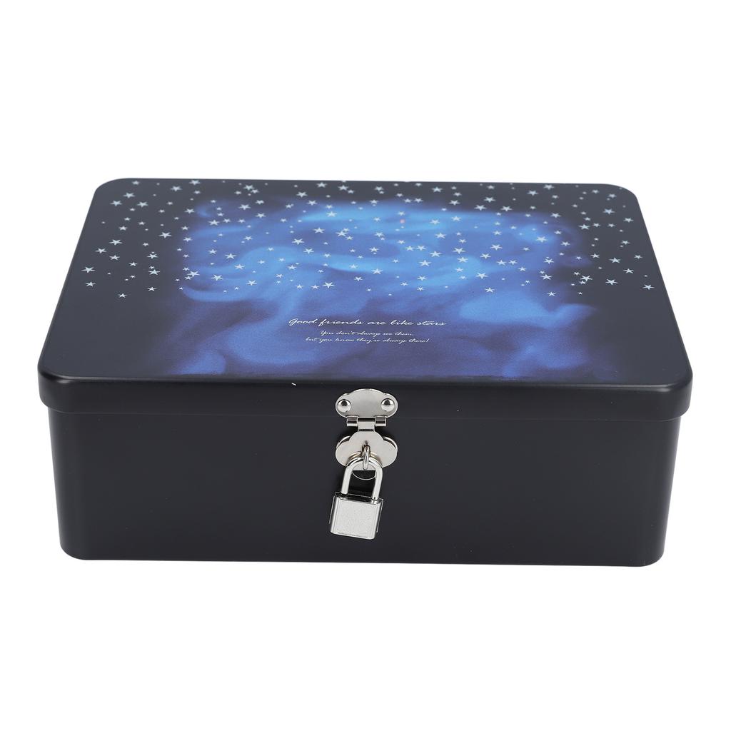 Tinplate Storage Box with Lid Padlock Starry Sky Print Rectangular Vintage Metal Jewelry Case for