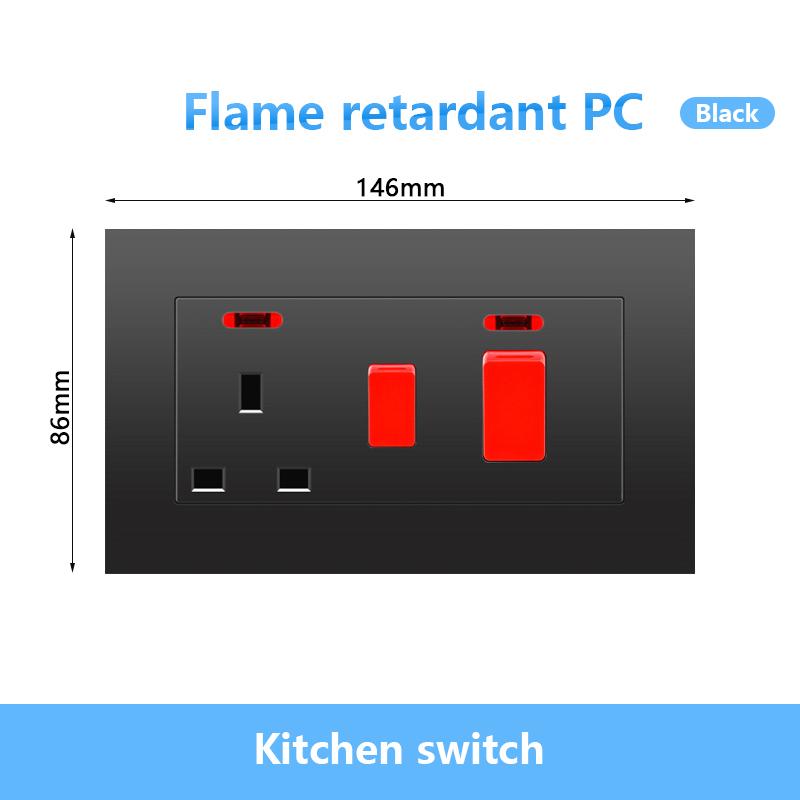 146 UK Standard 45A High Power Kitchen Electric Switch Socket 13A Wall Power Supply Cooker Glass Plastic Aluminum outlet Black