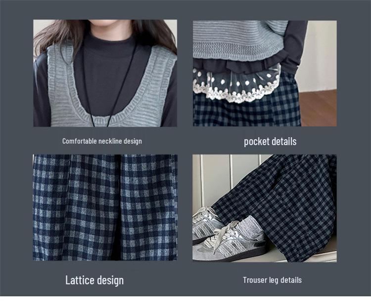 Комплект для девочек: вязаный жилет и клетчатая рубашка - Модный стиль весна/осень 2025